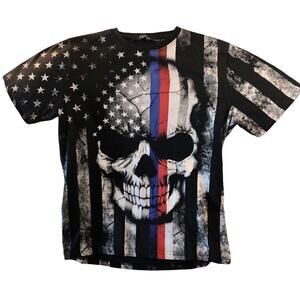 American Red Blue Line Flag Skull T-shirt Men's Short Sleeve tshirts Top Tee